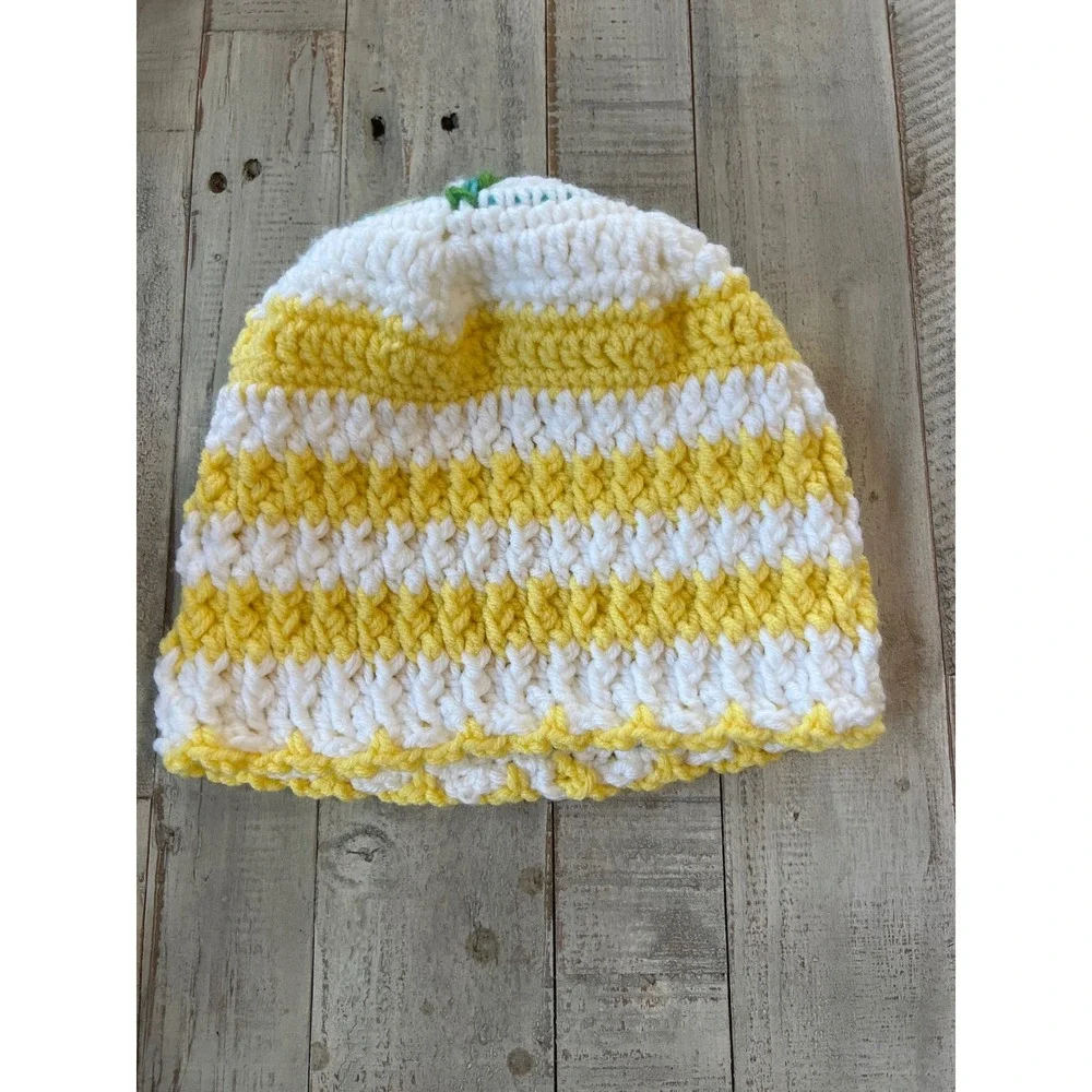 Handmade Crochet Striped‎ Beanie Yellow White Floral Accent Winter Hat Womens